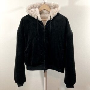 Blanc Noir Reversible Shearling Hooded
Jacket-Black Velvet/Cream Teddy Faux Fur